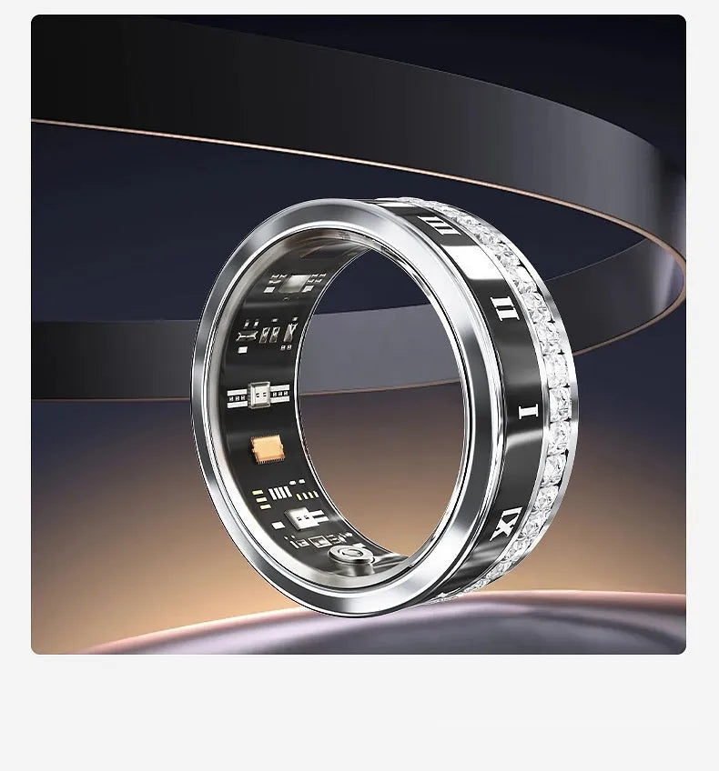 Diamond-inlaid smart ring with blood oxygen monitoring in gold and silver colour options