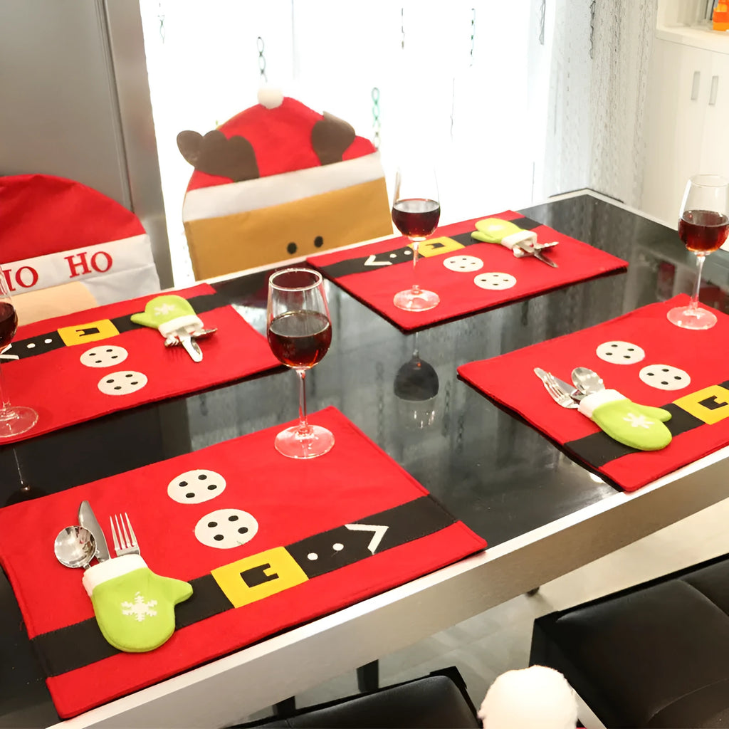 Red brushed fabric Christmas table mat 45 by 33cm on a dining table