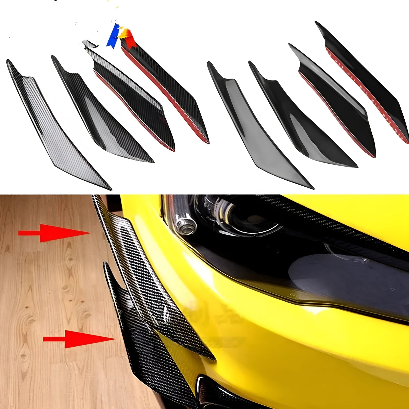 Four-piece carbon fibre pattern bumper blade kit for automotive bumper installation