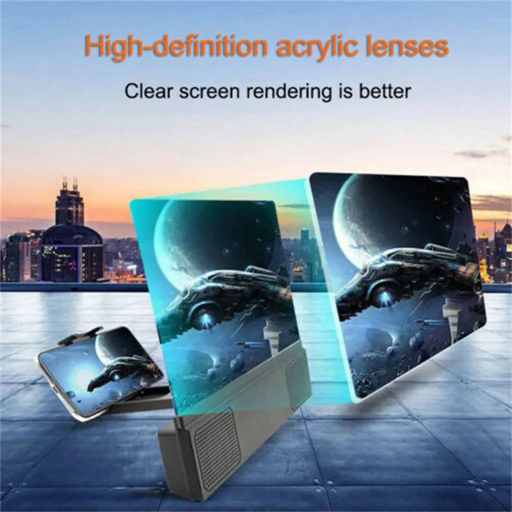 12-inch mobile phone screen amplifier with flexible stand and built-in speaker on a table