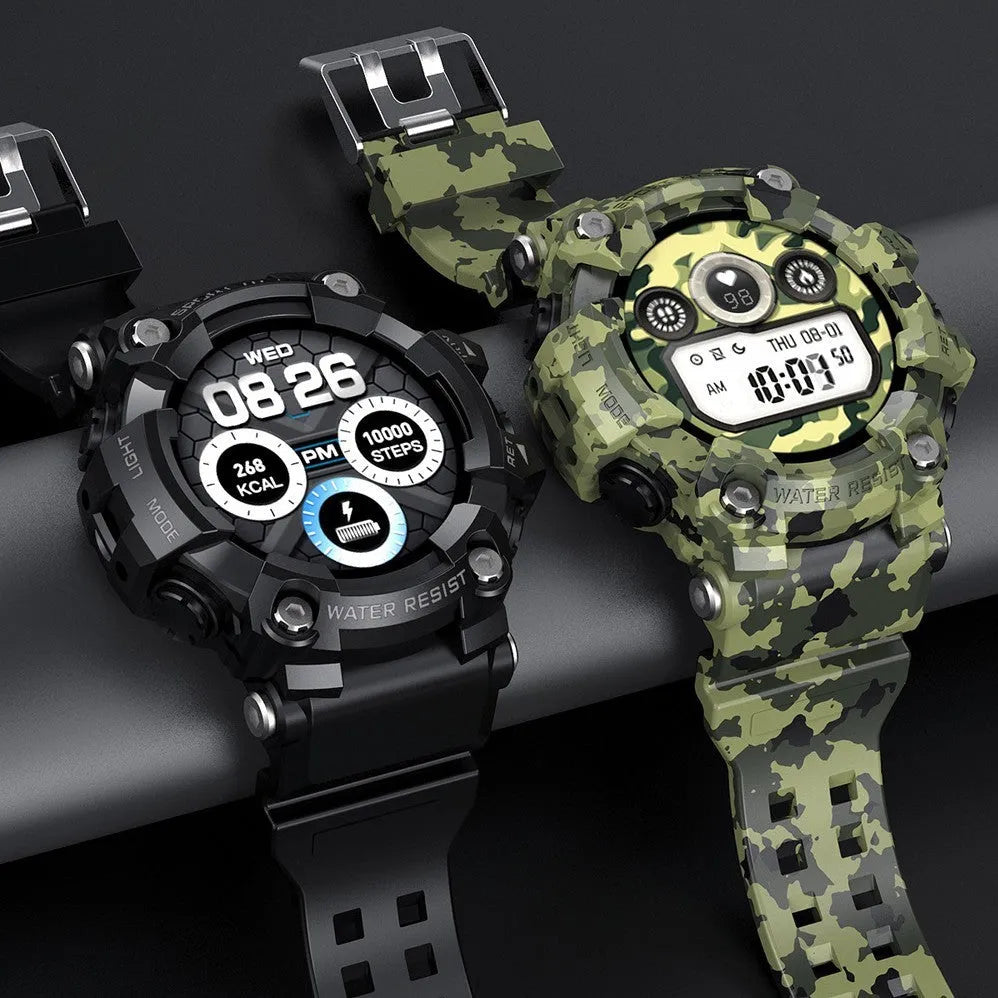 T6 tactical rugged smart watch with black or green strap on wrist, showing 1.3-inch screen