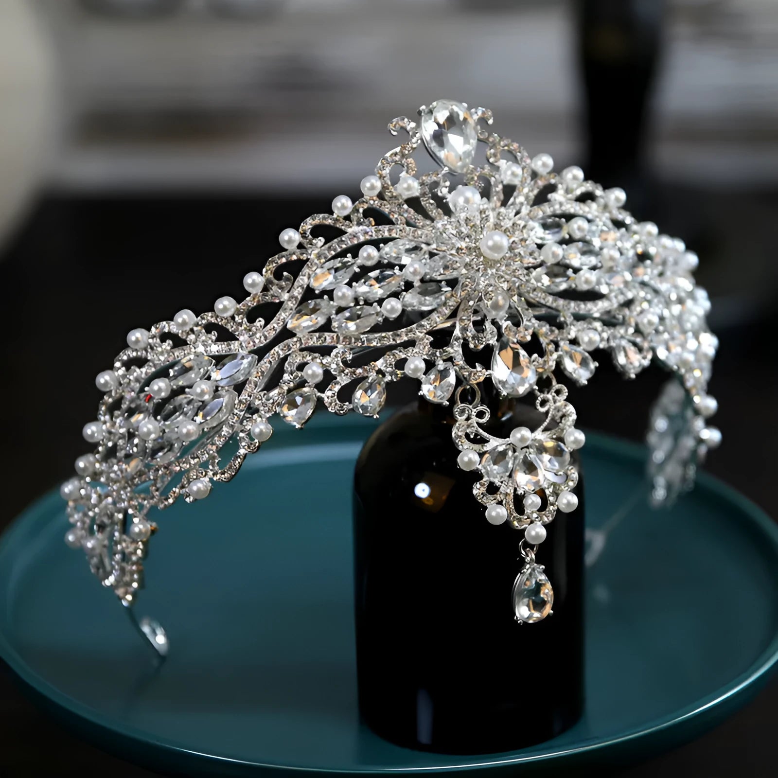 Baroque bride crown headwear silver alloy with electroplated finish dotted pearl and quota decoration 15cm diameter 7.5cm height