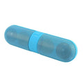Blue plastic pill Bluetooth speaker with button controls and dustproof casing
