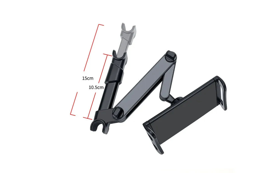 Black car phone holder mounted on rear seat headrest with tablet securely positioned