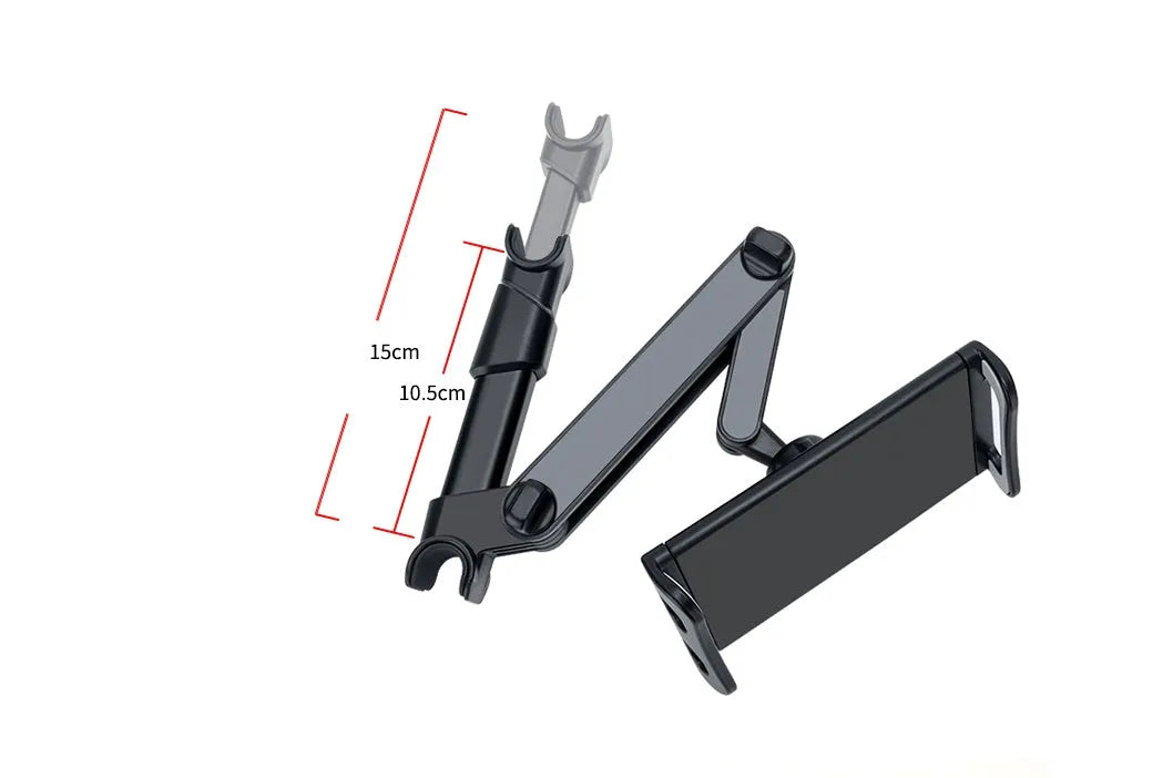 Black car phone holder mounted on rear seat headrest with tablet securely positioned