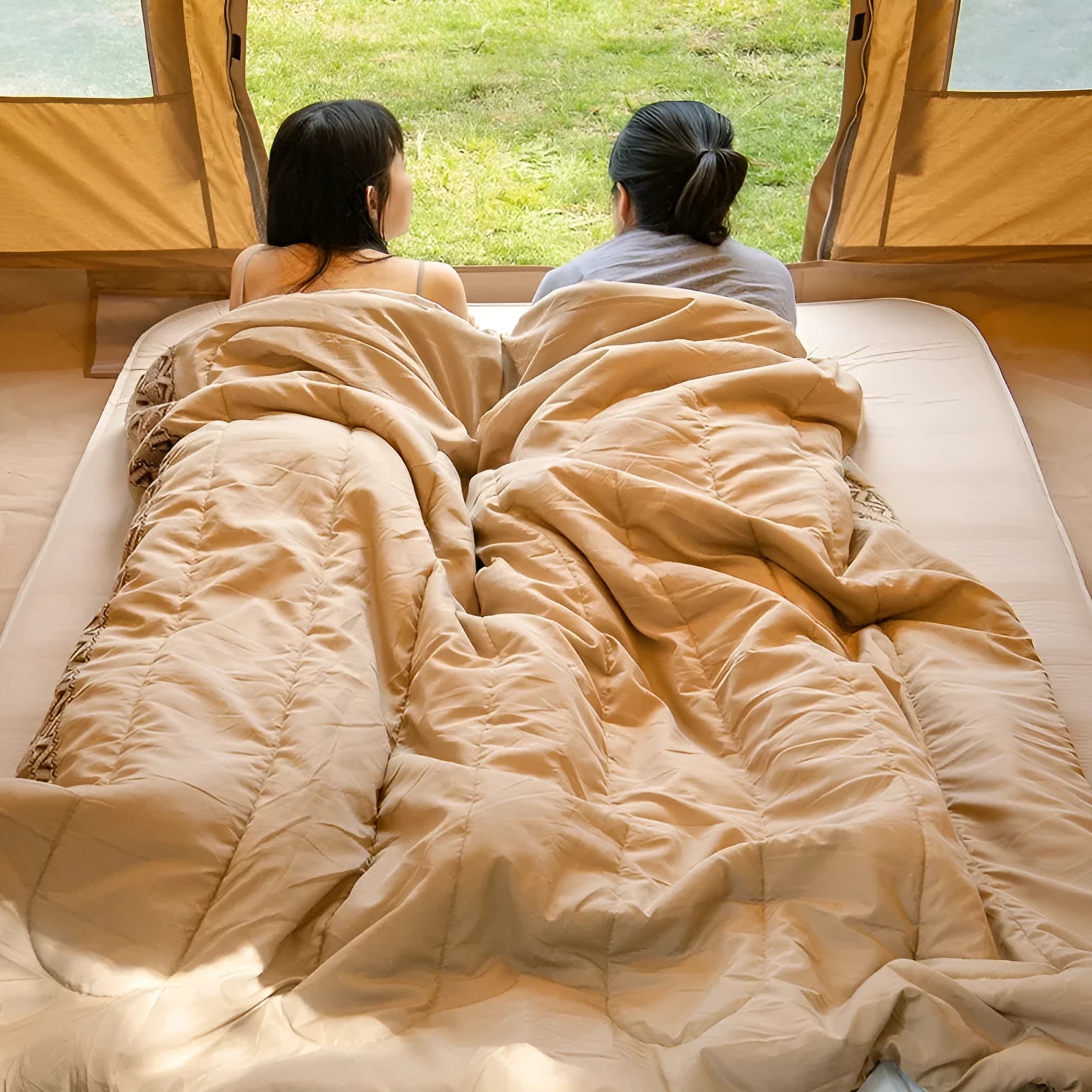 Four seasons portable camping sleeping bag showing Jiangnan spring colour with storage bag