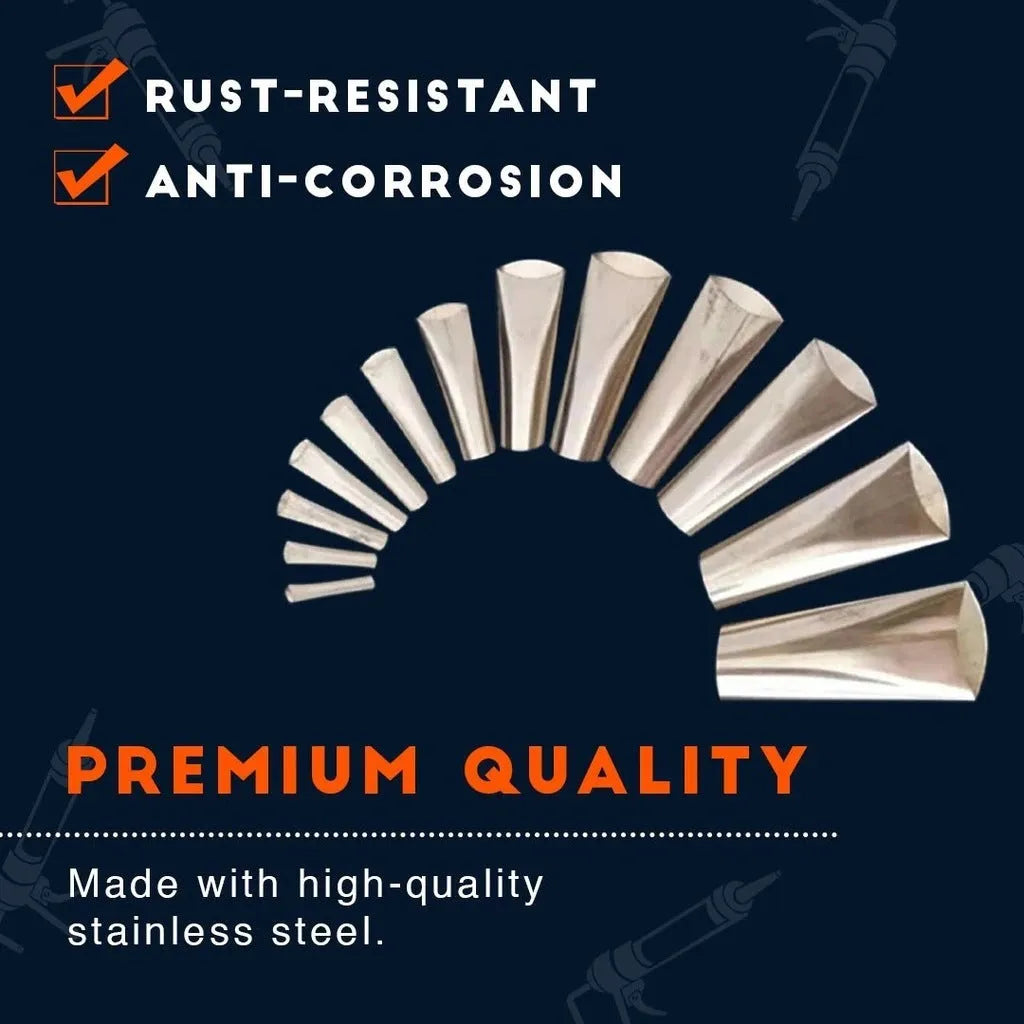 Stainless steel caulking nozzle finishing tool set with 14 pieces in 5mm to 35mm sizes