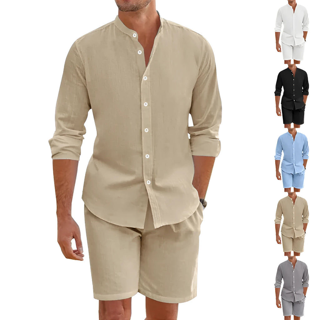 Men's light blue linen blend short sleeve button-down shirt and drawstring shorts suit set for summer.