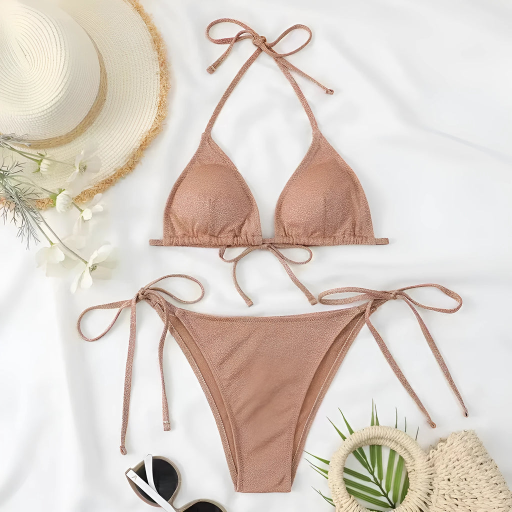 Women's bandage-style bikini swimsuit set in polyester fabric with separate top and pants