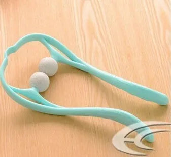 Blue plastic hand-held neck massager with adjustable rollers on a flexible stand.