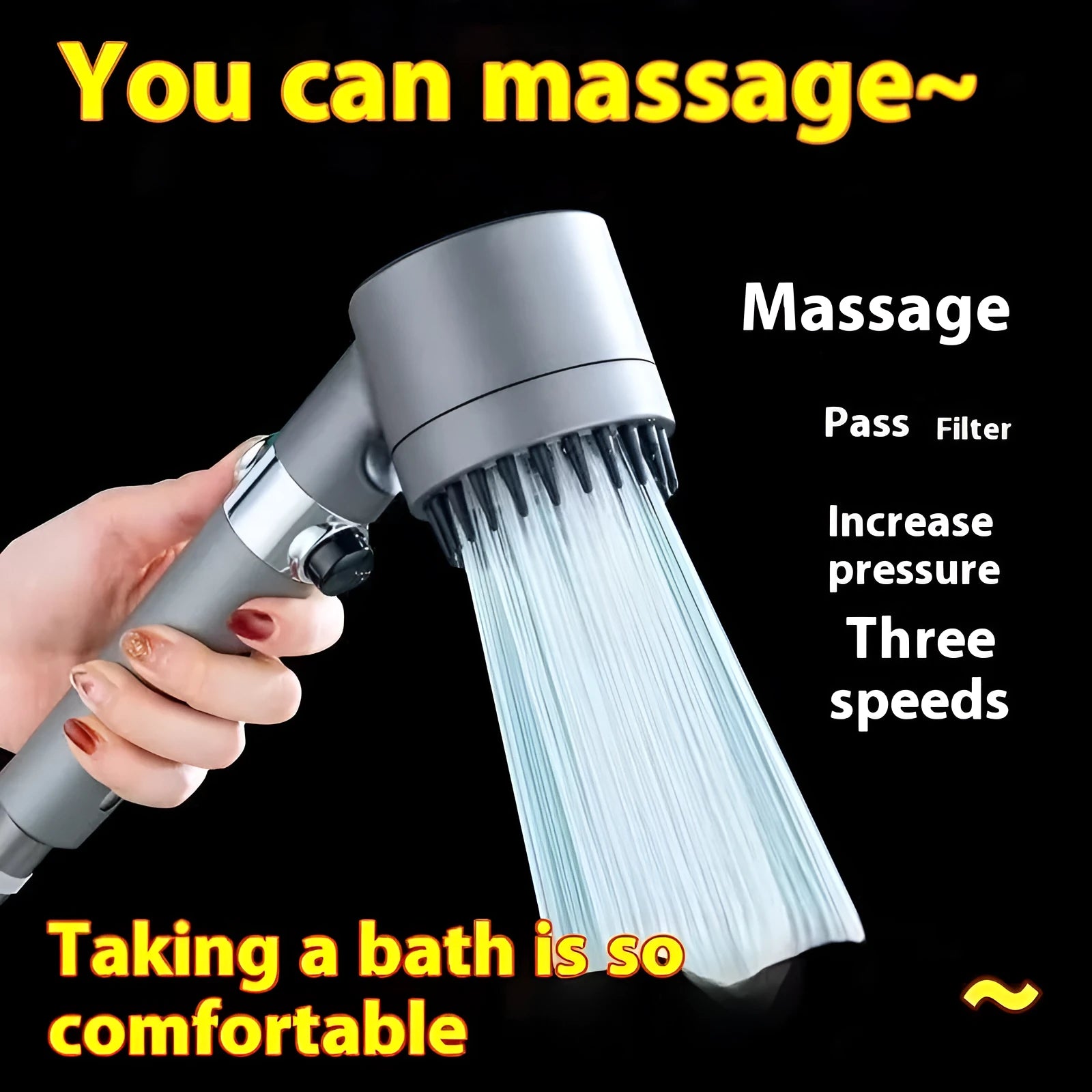 Portable shower head with modern design showing three spray mode controls