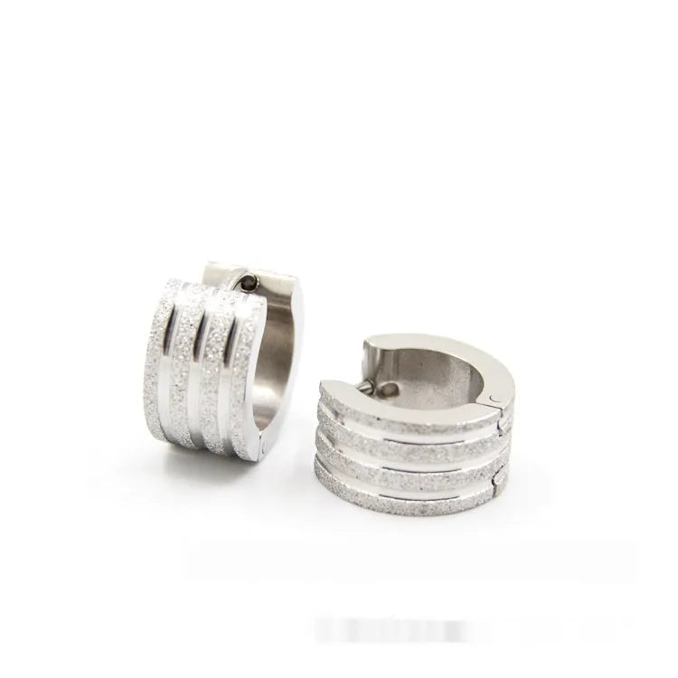 Three-line frosted geometric titanium steel earrings in black, gold or steel colour options