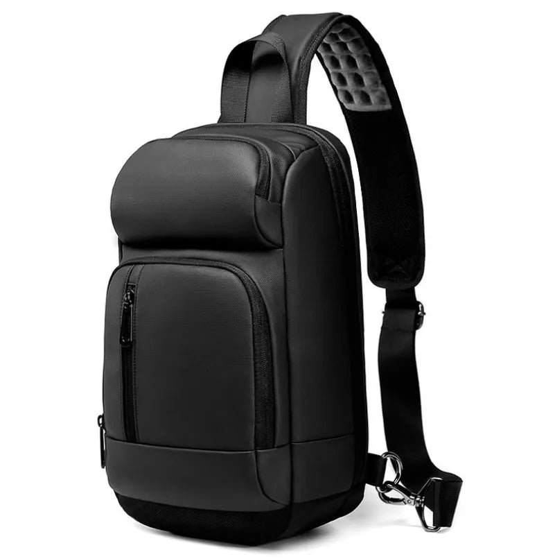 Black PVC outdoor leisure shoulder bag with internal organiser pockets and air cushion strap