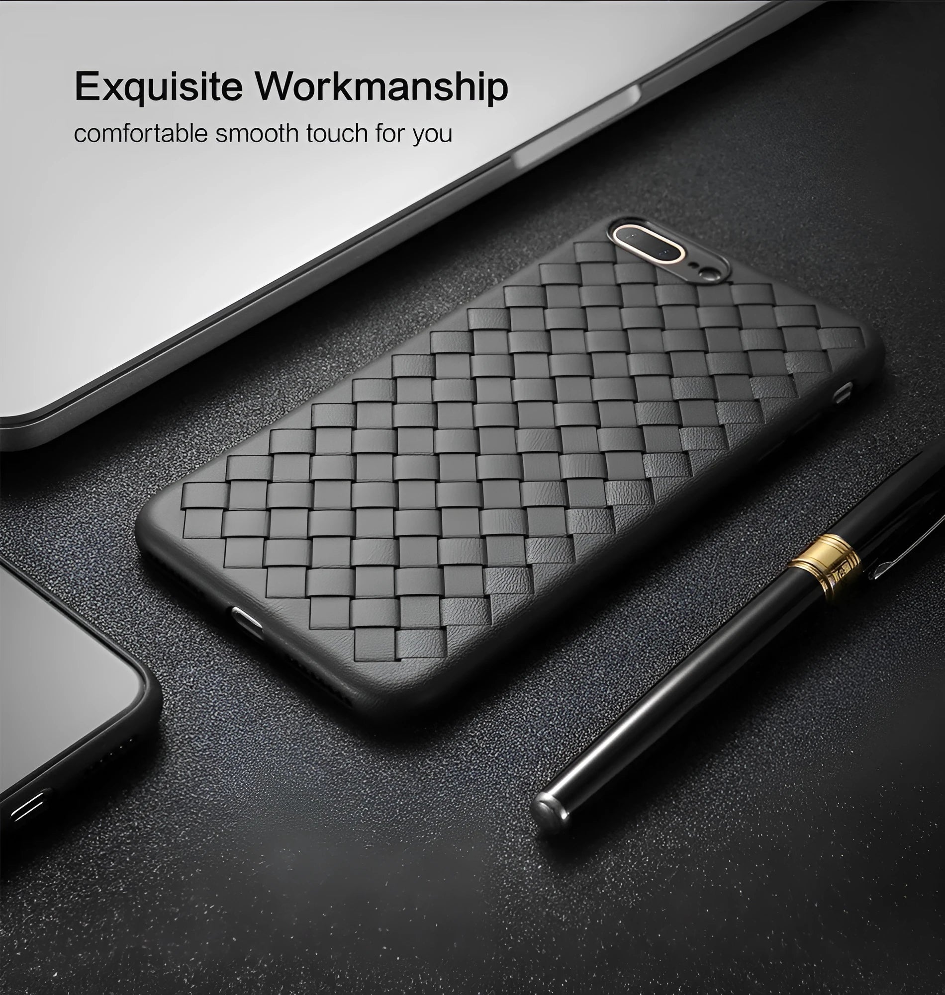 Luxury grid weaving pattern iPhone case in colour options, showing raised screen edges and precise button cutouts.
