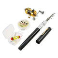 Portable telescopic pen fishing rod kit collapsed to 20.5cm next to its ST5RL fishing reel.