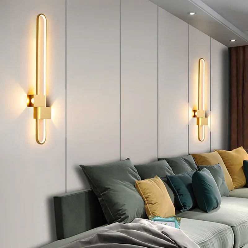 Modern minimalist wall lamp with iron shade and LED lighting in contemporary living room setting