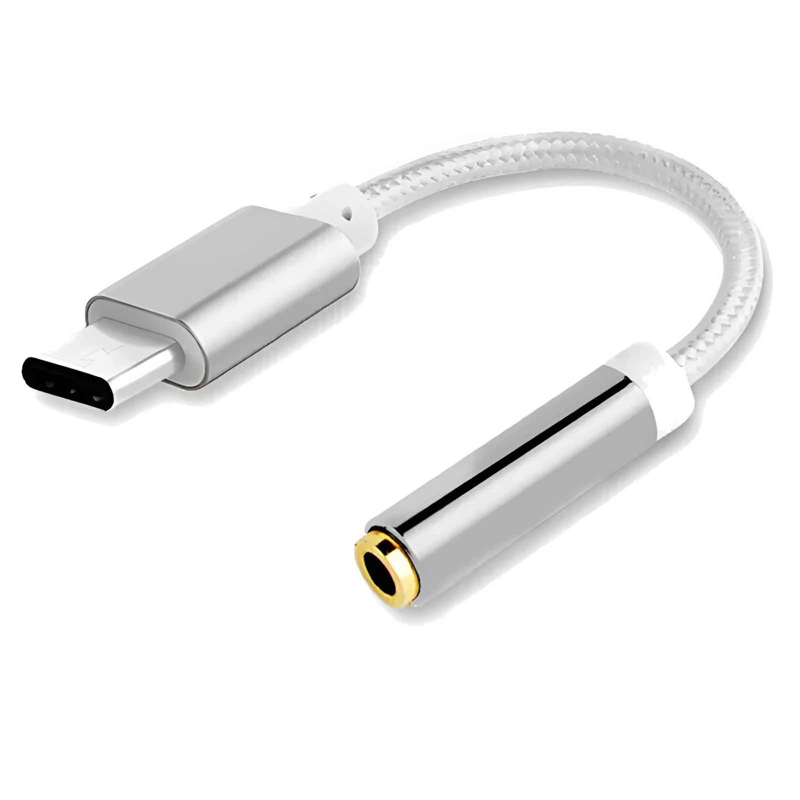 Short black nylon TYPE-C to 3.5mm female headphone adapter cable for mobile phones.