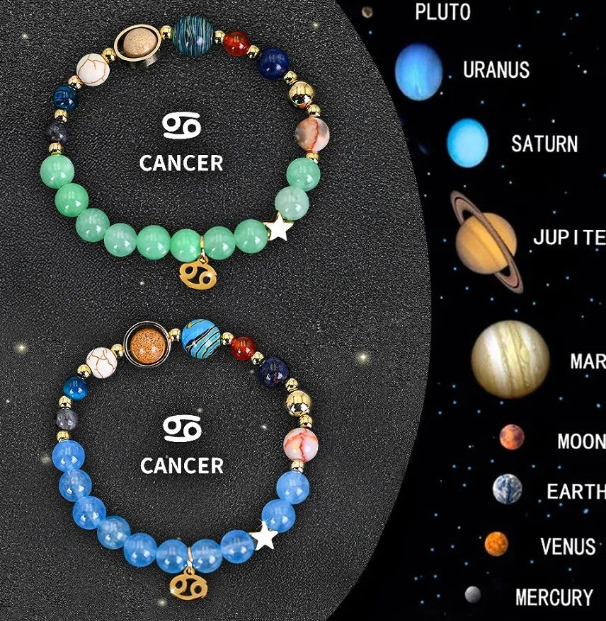 Two natural stone beaded bracelets showing zodiac symbols for all twelve astrology signs