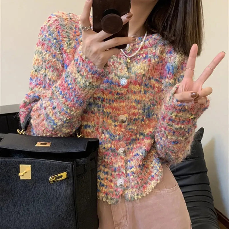 Retro rainbow pattern knitted cardigan in pink or green ice cream colours with toothbrush hair fabric