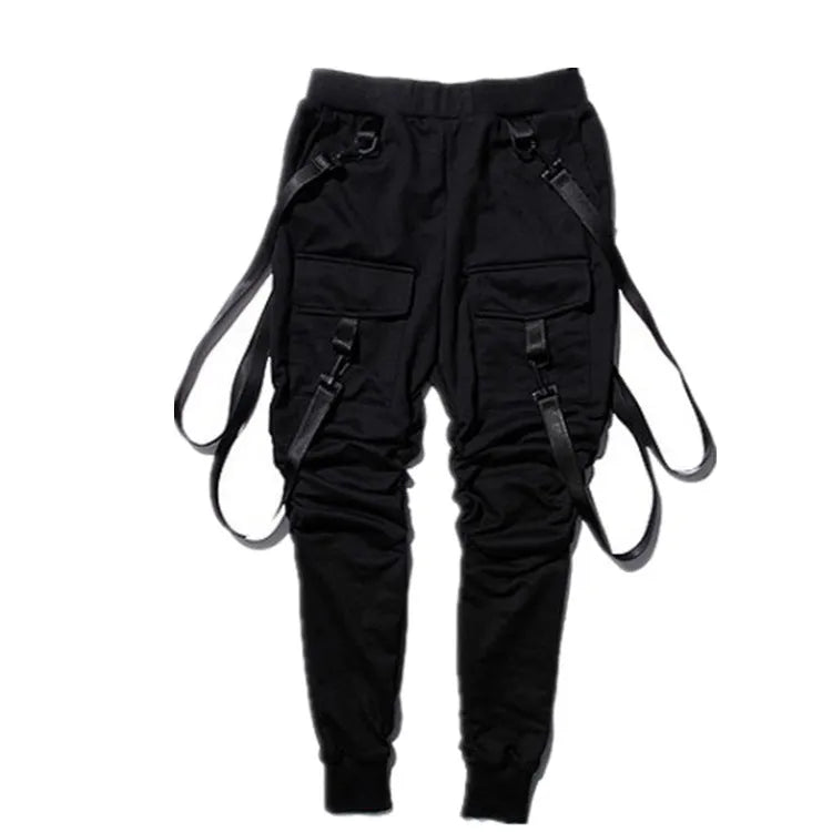 Men's black cotton blend pencil sweatpants with belt, flat lay showing tapered leg and waist elastic