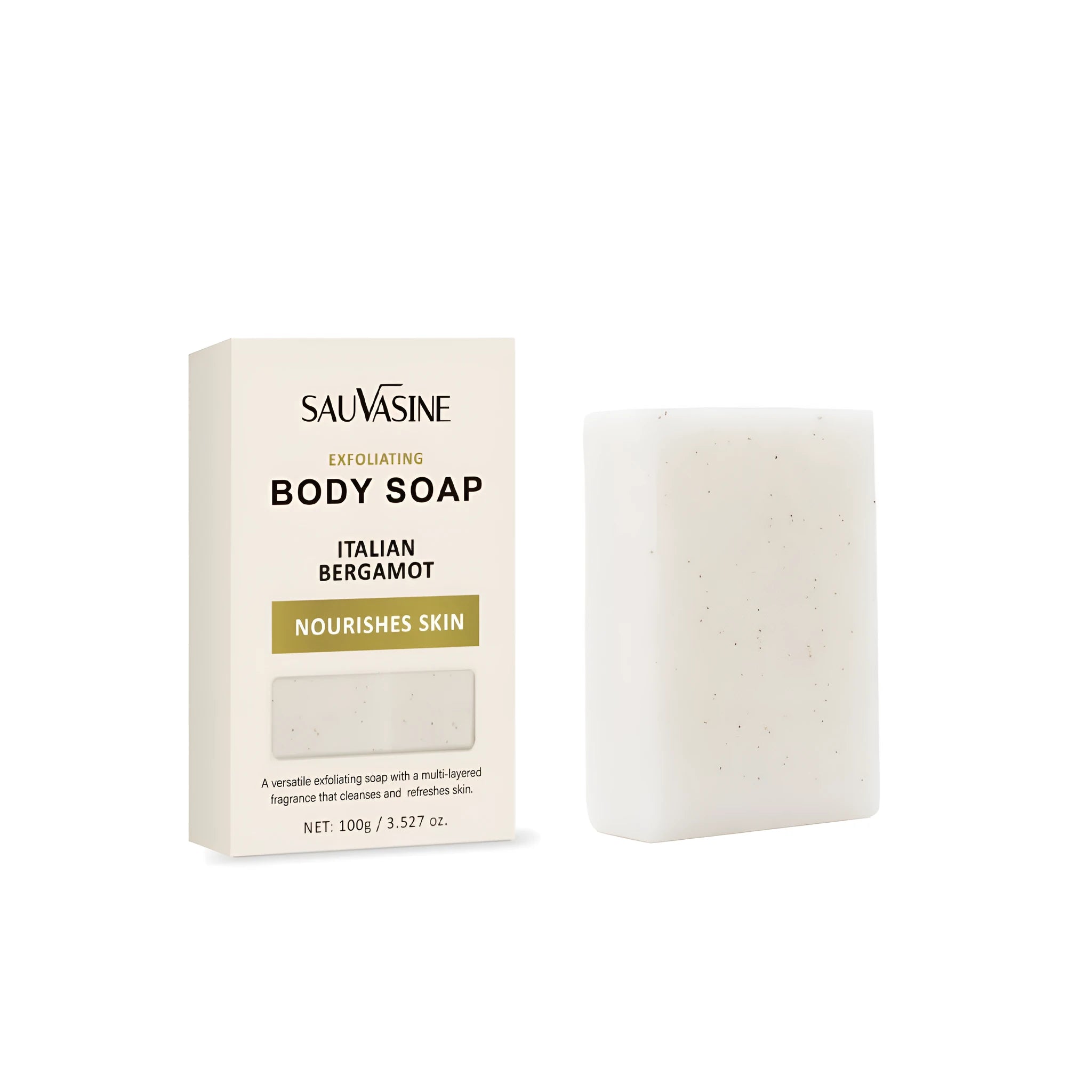Exfoliating body soap bar with textured surface for manual scrubbing and cleansing