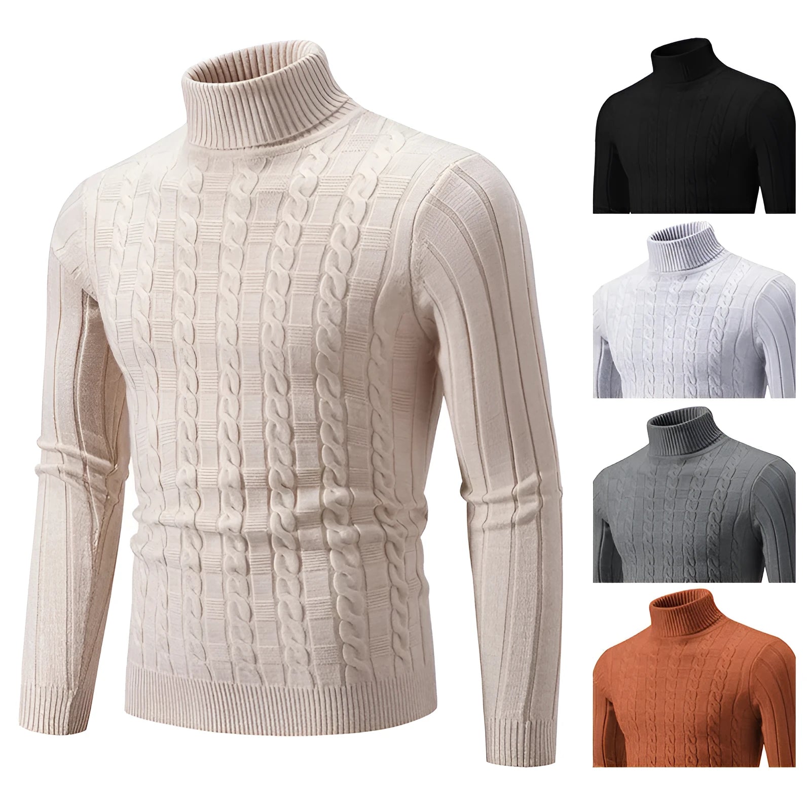 Men's slim fit chenille turtleneck pullover sweater in neutral colour on hanger