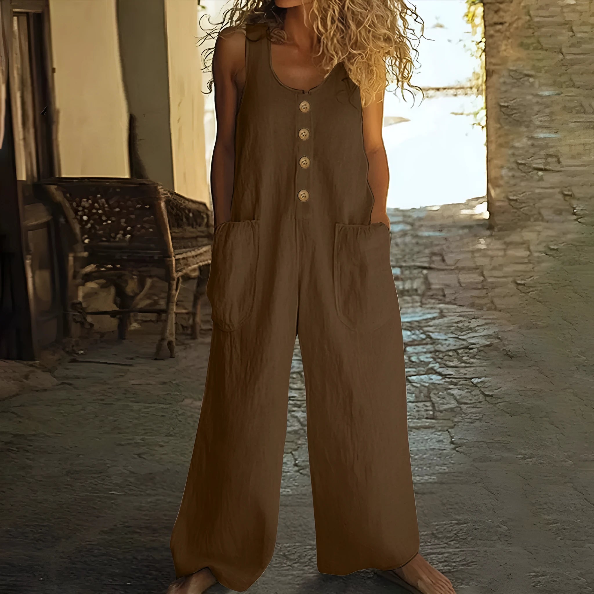 Sleeveless wide leg cotton jumpsuit in army green with pockets and loose fit