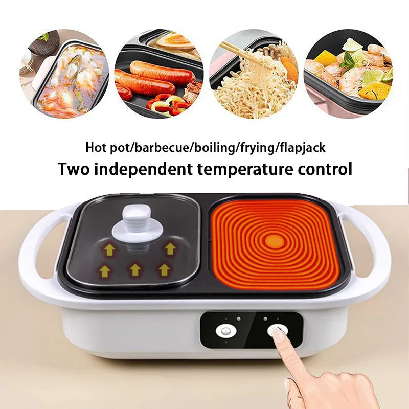 White or green dual-function electric caldron and frying oven appliance for 2-3 people.