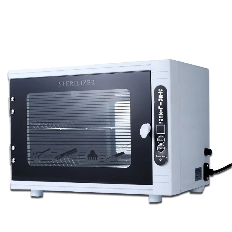 Silver mini ultraviolet steriliser unit with stainless steel interior for beauty salon tool hygiene