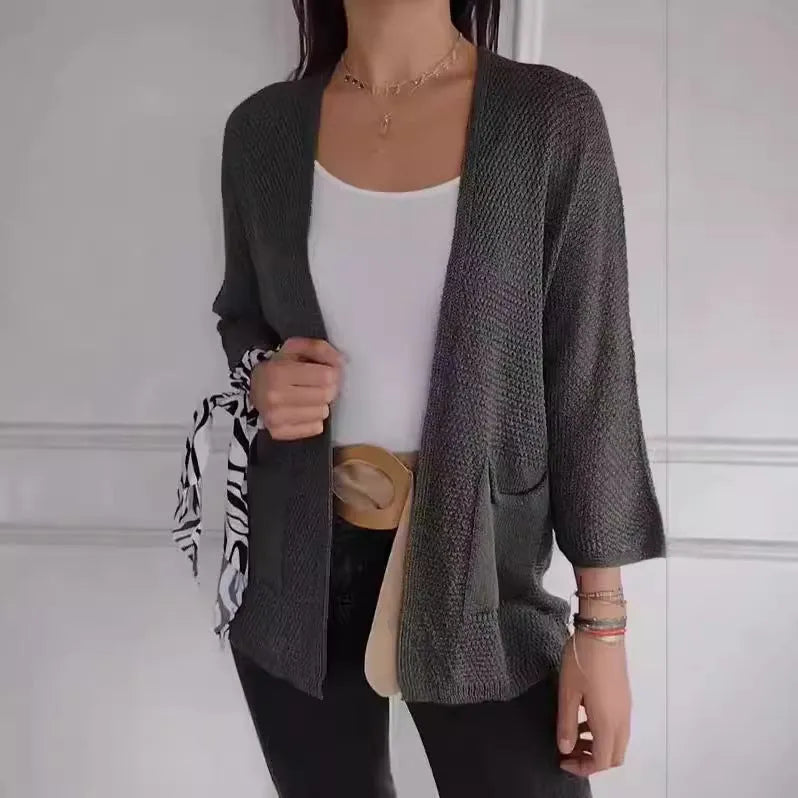 Women's waffle-textured polyester cardigan coat with nine-quarter sleeves in army green colour