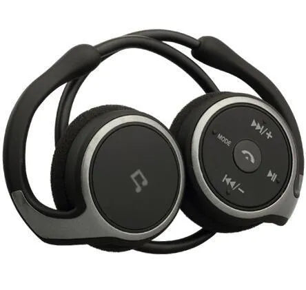Stereo wireless Bluetooth headset in black with ear hooks and inline microphone