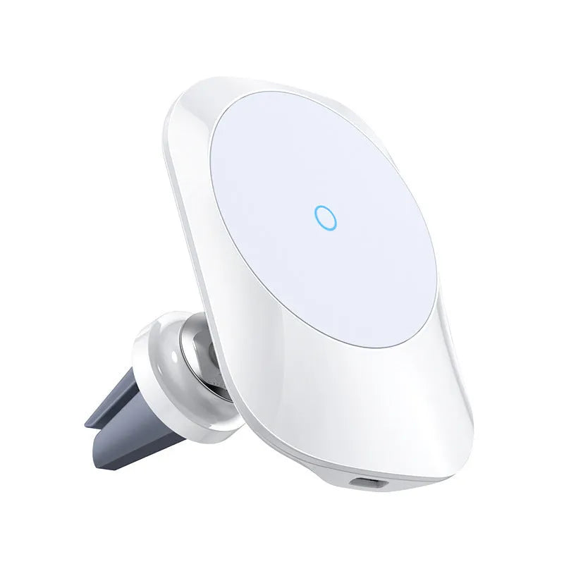 Black magnetic car wireless charger mounted on vehicle dashboard with phone attached