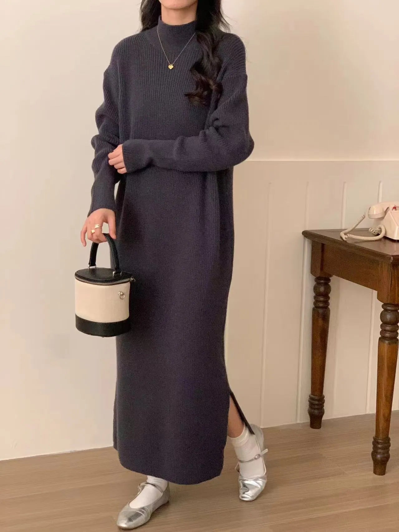 Women's beige half turtleneck knitted dress with long sleeves and high waist