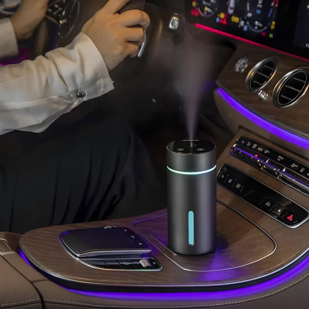 Black aluminium alloy car air humidifier with 260ml capacity and USB cable shown next to scale