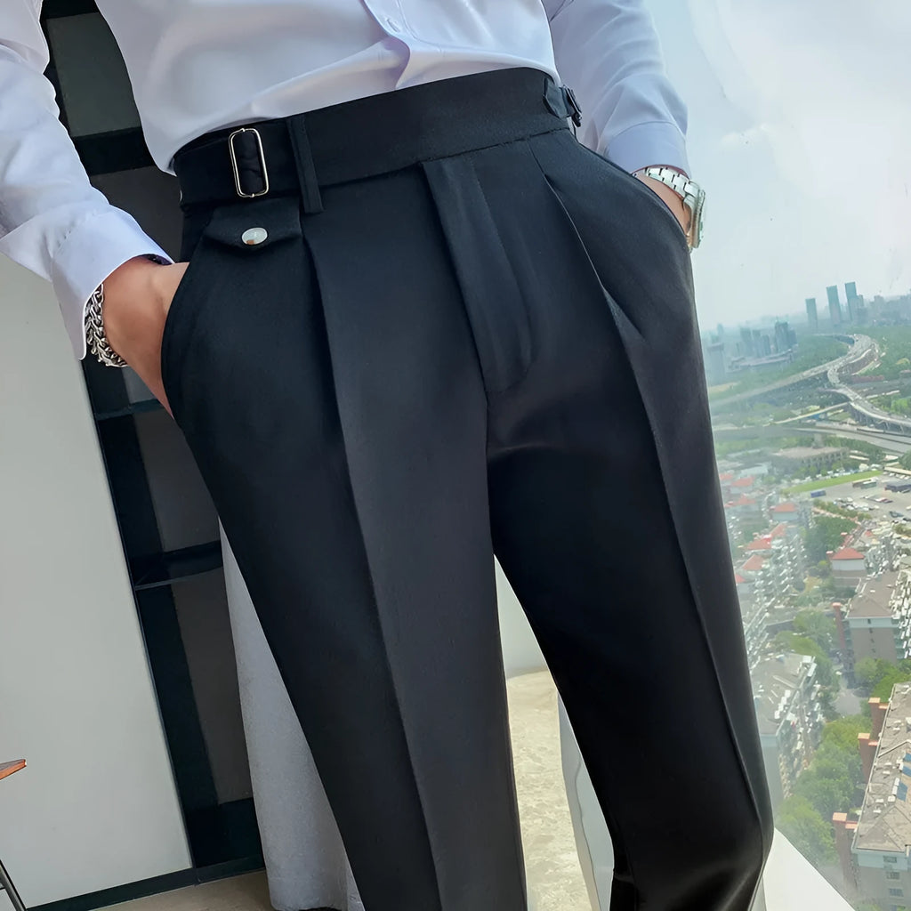 Men's straight-leg casual trousers in polyester fabric with elasticated waistband available in multiple solid colours