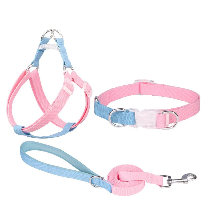 Polyester dog collar and leash set with chest strap in green and pink colour combination