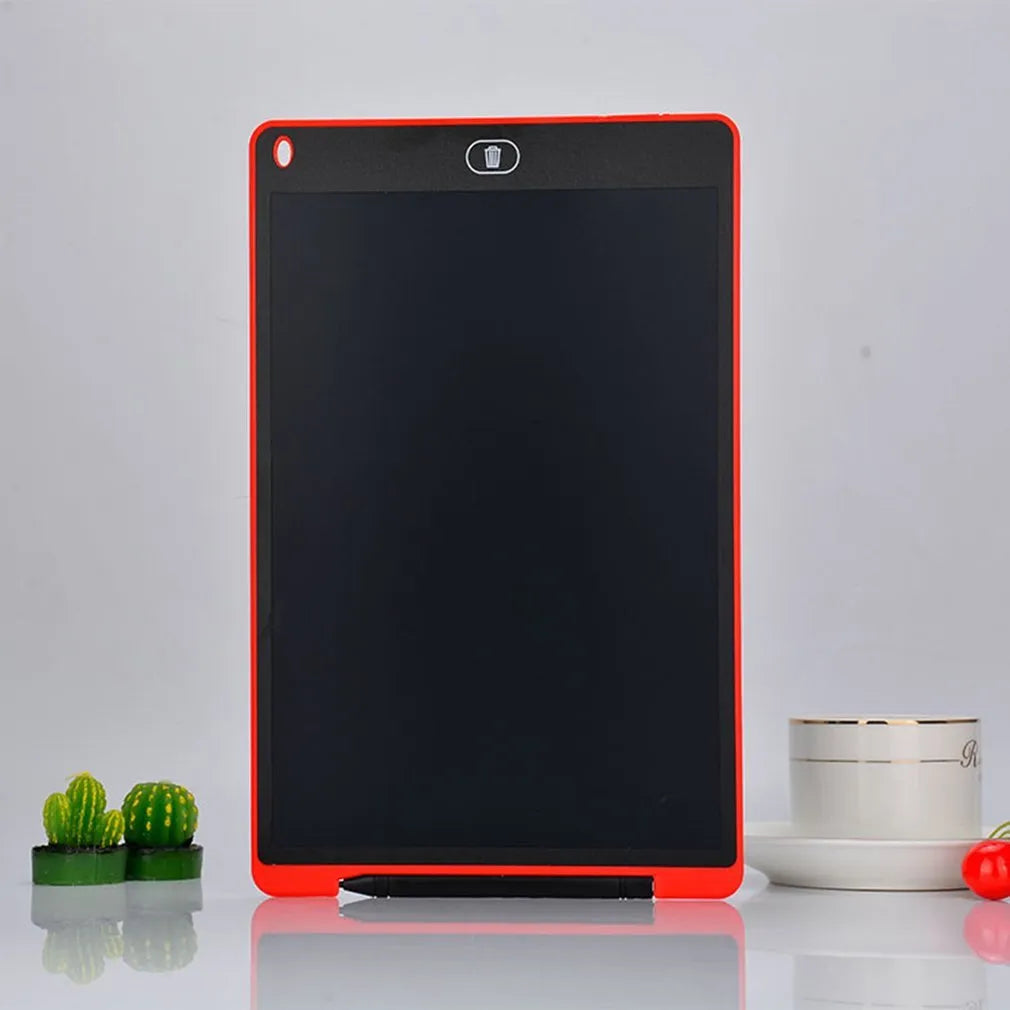 LCD electronic writing board for children in blue with stylus pen on screen.