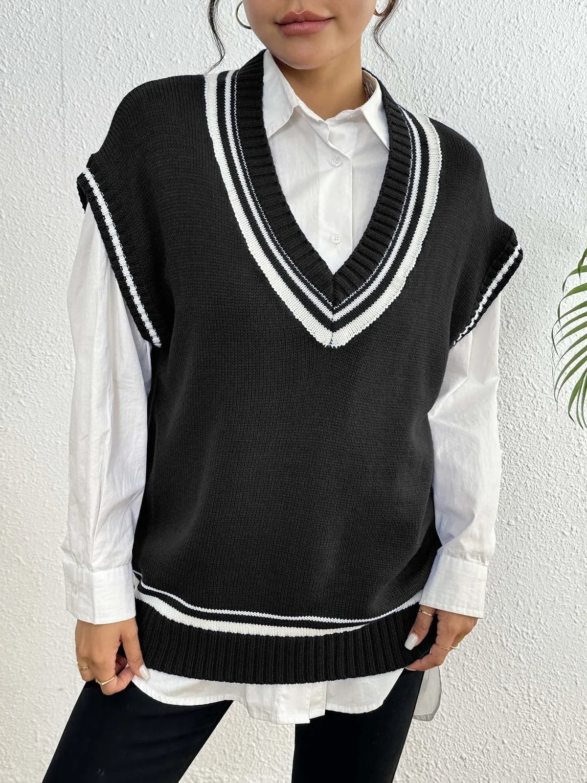 Women's loose acrylic vest sweater in black, blue and coffee colours with college style design