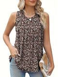 Black floral print plus size sleeveless vest on hanger showing round neck and loose fit