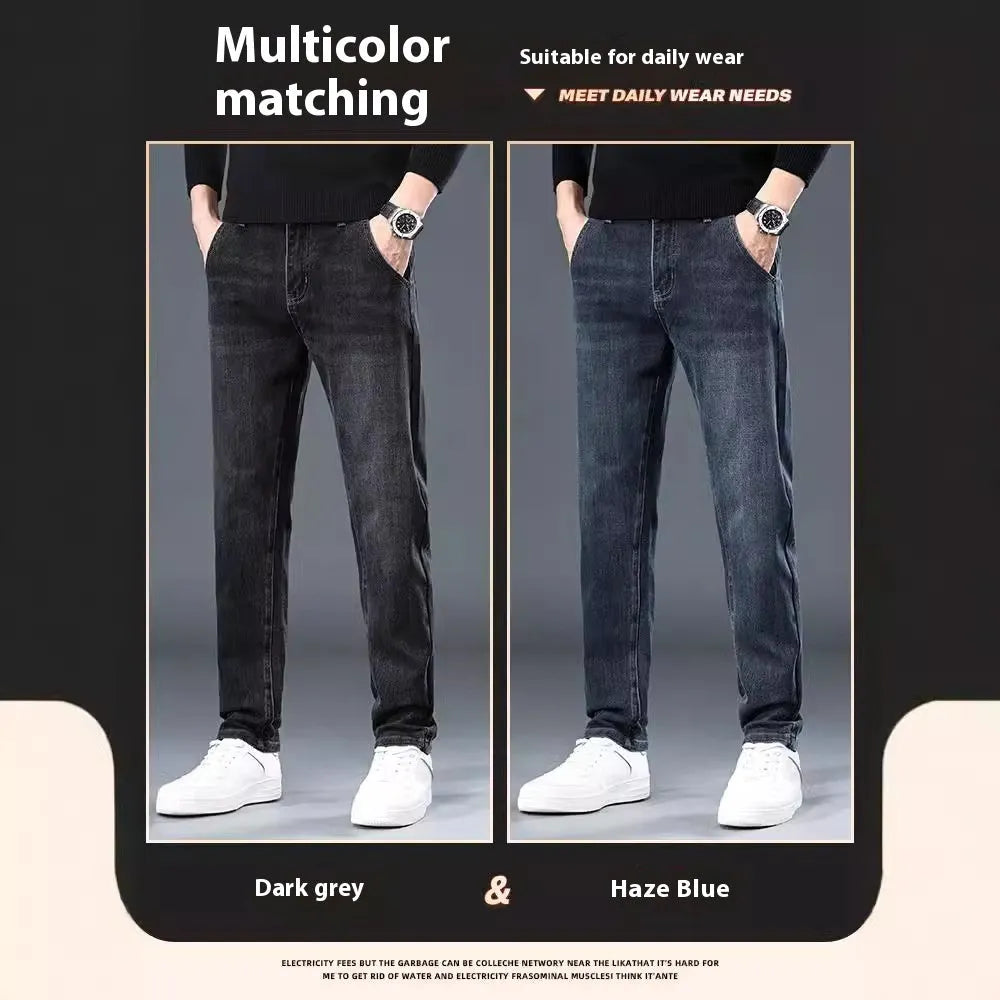 Blue grey slim straight casual trousers with a mid-waist and elastic comfort on a neutral background.