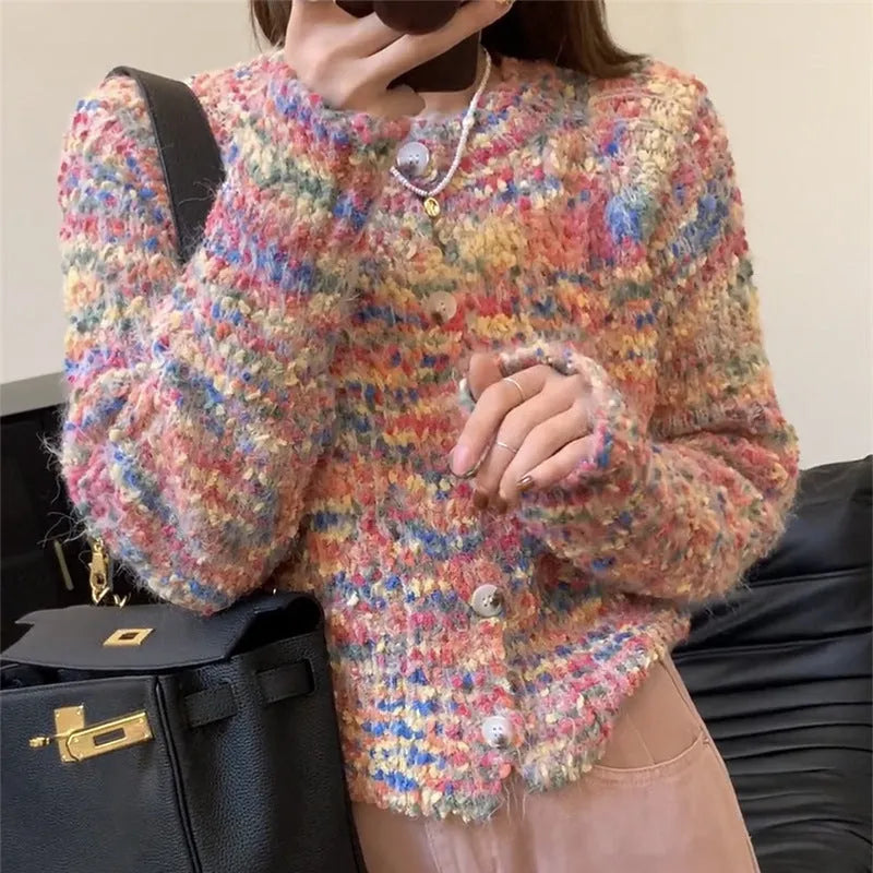 Retro rainbow pattern knitted cardigan in pink or green ice cream colours with toothbrush hair fabric