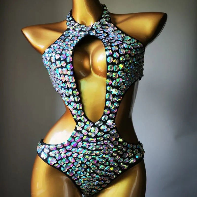 Women's black one-piece swimsuit with diamond mesh pattern and polyester lining