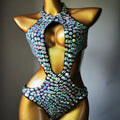 Women's black one-piece swimsuit with diamond mesh pattern and polyester lining