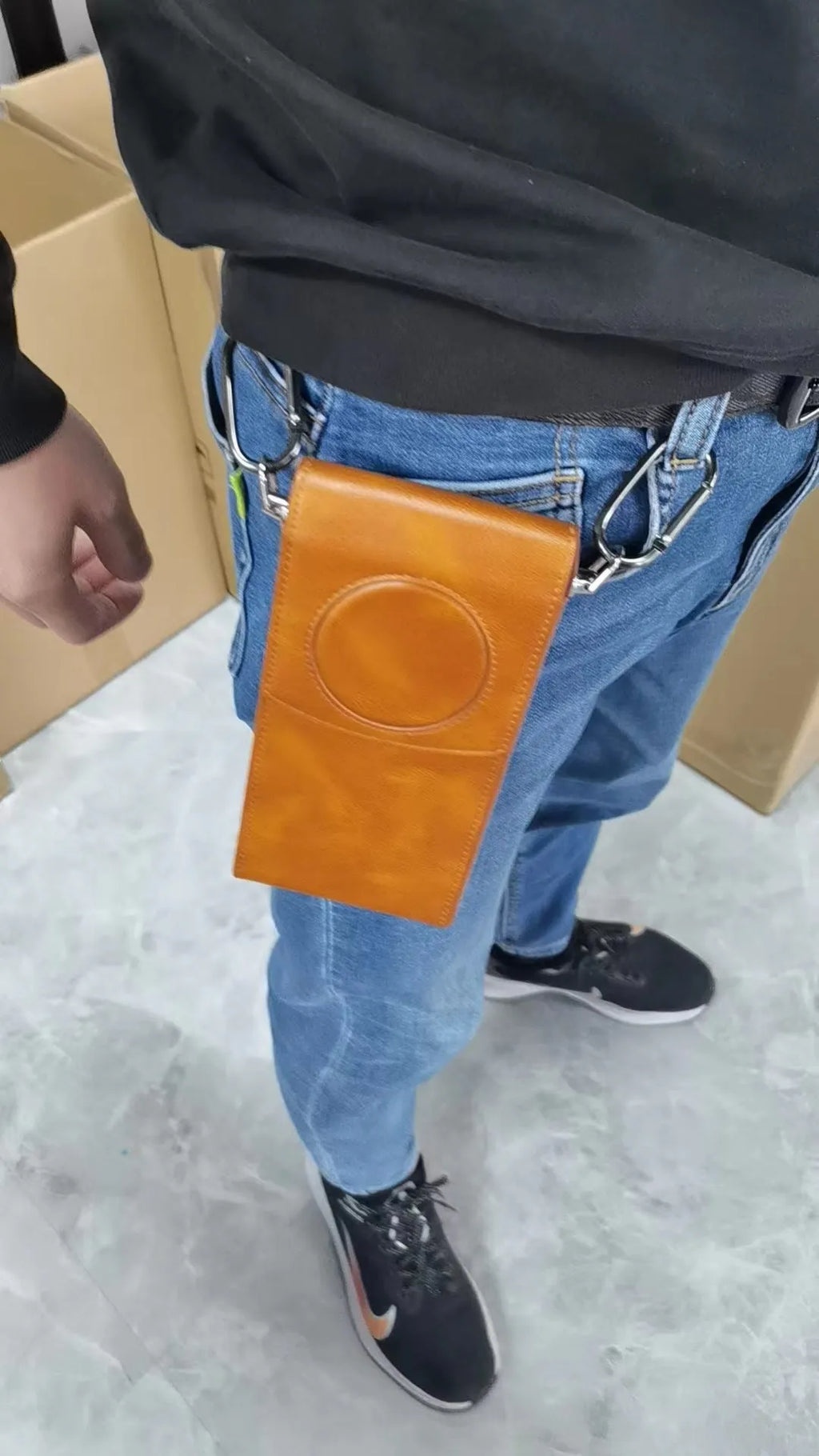 Brown leather storage bag for Apple Vision Pro power supply