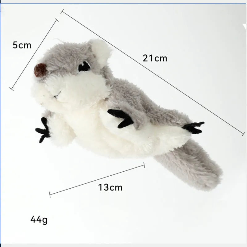 Gray flapping squirrel cat toy with motion sensor and USB charging cable
