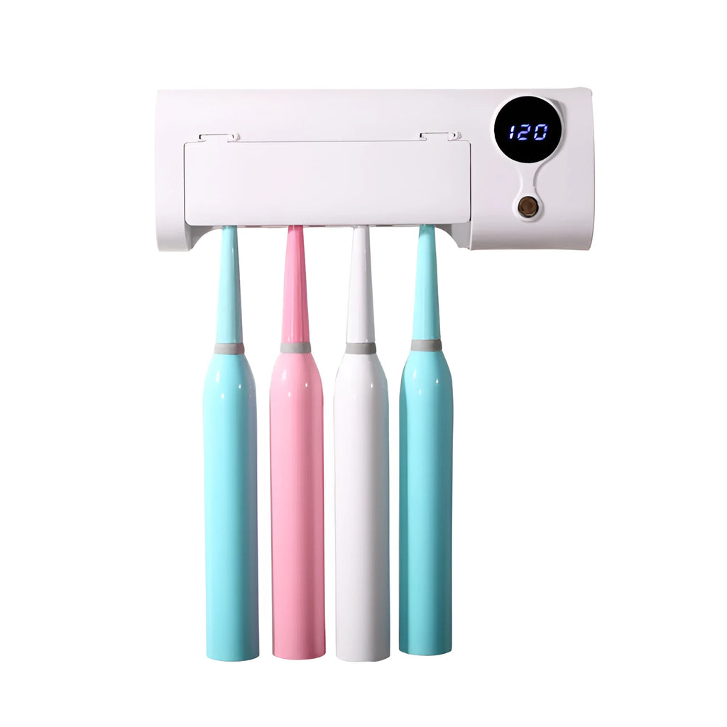 White wall-mounted smart toothbrush steriliser holder with UV light and space for 6 toothbrushes