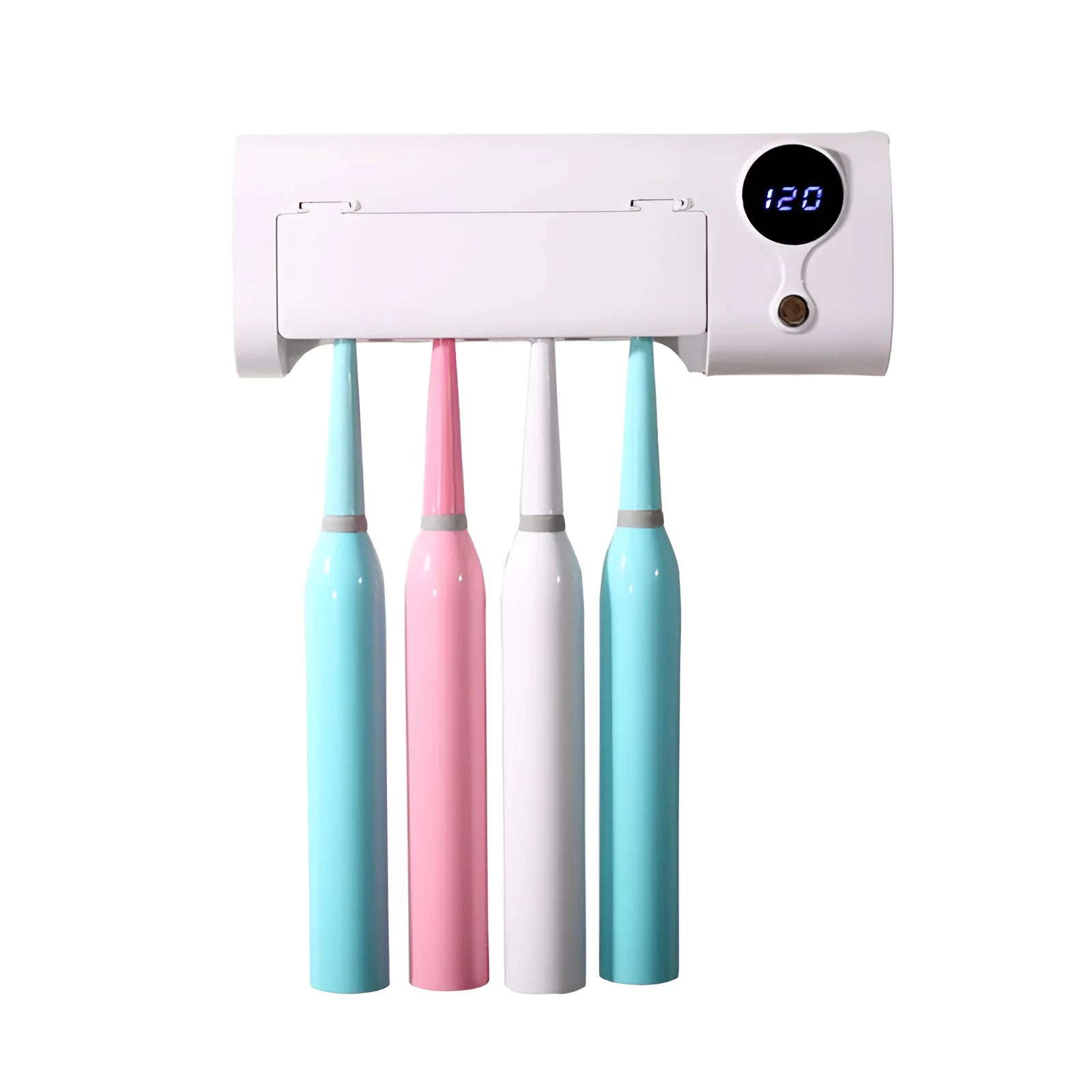 White wall-mounted smart toothbrush steriliser holder with UV light and space for 6 toothbrushes