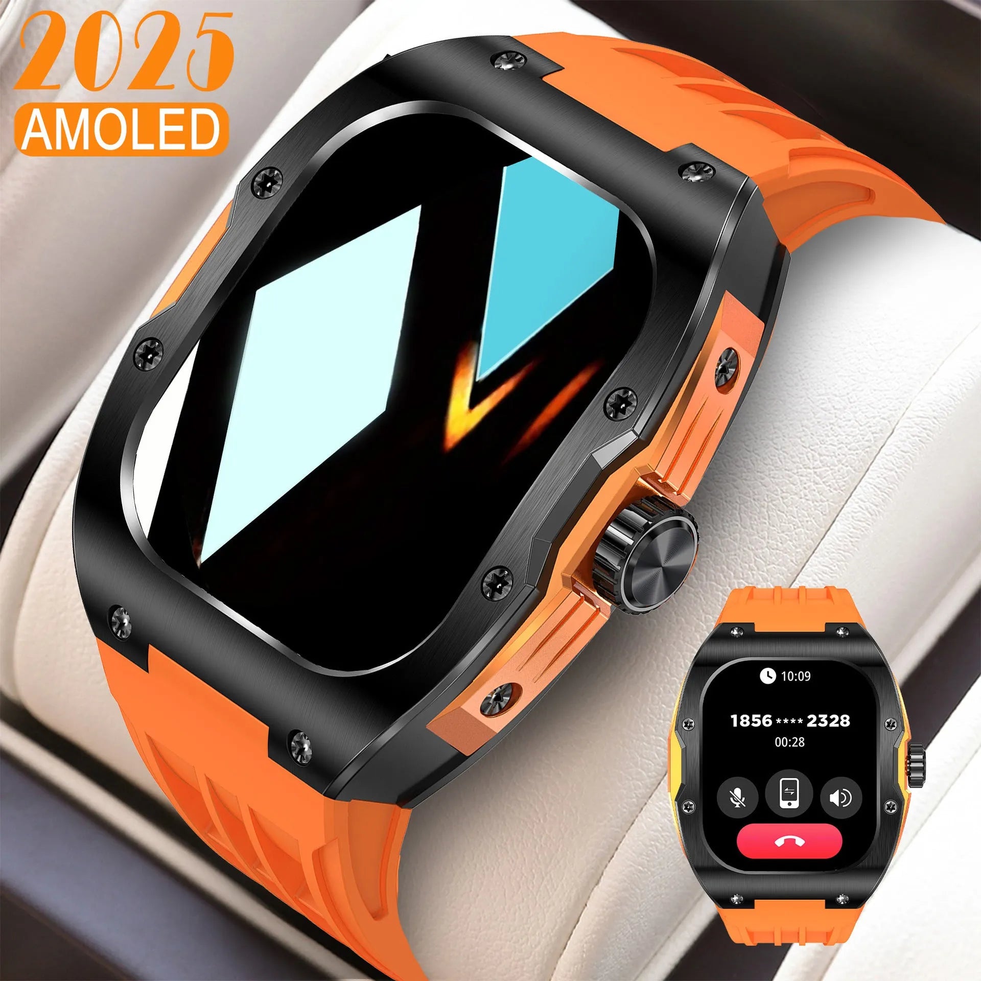 Men's smart watch with Bluetooth calling and AMOLED touch screen on wrist showing fitness tracking display