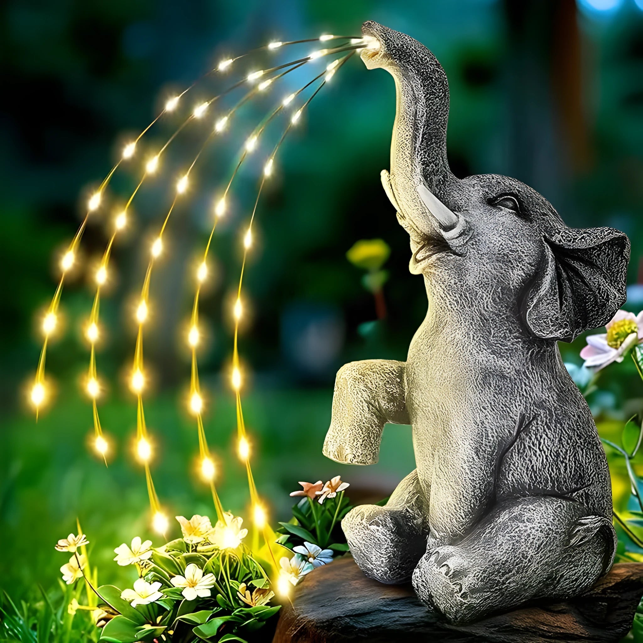 A realistic resin elephant garden statue with a waterproof rating and an LED light strip for outdoor decoration.