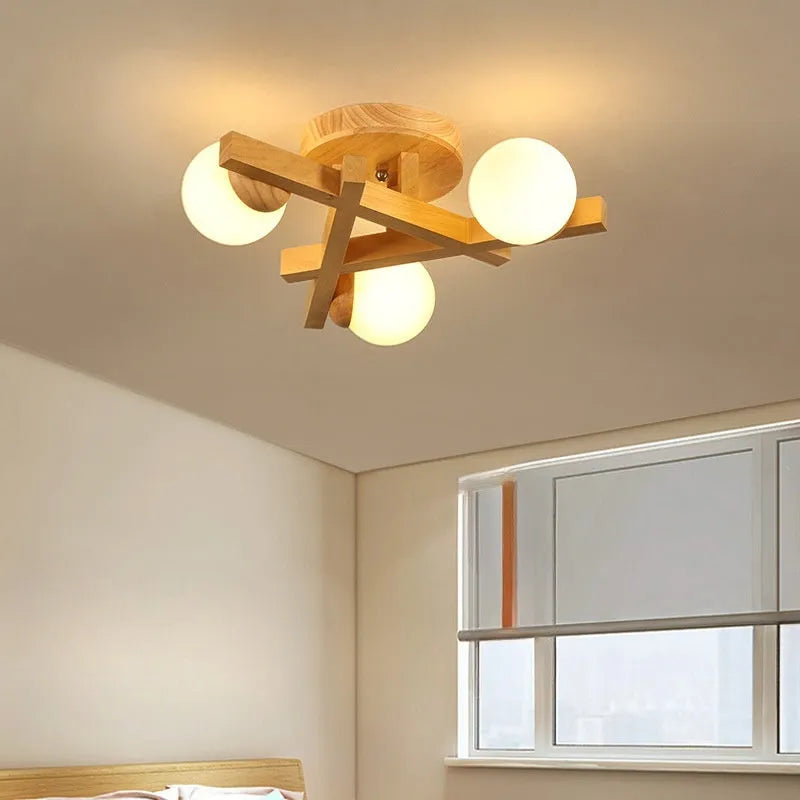 Wooden style modern ceiling lamp with three light heads in Nordic design for living rooms
